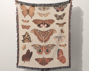 Manta tejida con mariposas, color crema, estilo cottagecore, regalo para amantes de las mariposas, 100 % algodón, con flecos, ilustración vintage.