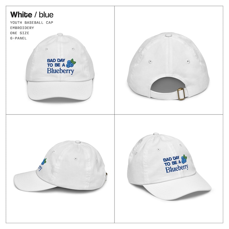 May include: White youth baseball cap with the embroidered text "BAD DAY TO BE A Blueberry" in blue. The cap is a six-panel design and one size fits all.