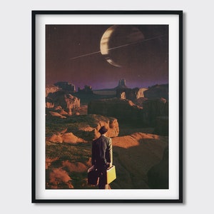 Desert Man Collage Art Print - Collage vintage surrealista, cartel de futurismo retro, obra de arte estética cósmica, arte de pared de los años 60, decoración retro de los años 70