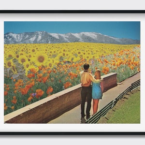 Walking By Flowers - Couple Walking in Surreal Vintage Wildflower Field, Retro 60s 70s Decor Artwork, Aesthetic Poster, Eclectic Wall Decor