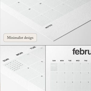 May include: A white wall calendar featuring black typography and a grid layout. The page displays the month of February with days of the week labeled as Sunday through Saturday. A small monthly overview is included, along with a section for notes.