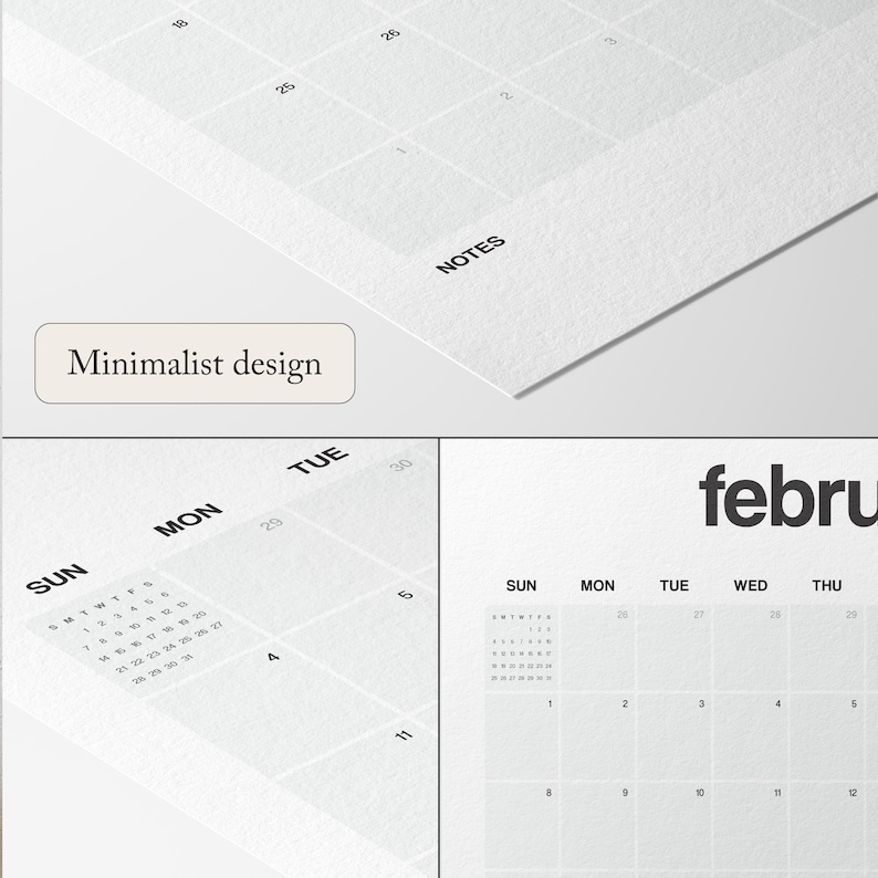 May include: A white wall calendar featuring black typography and a grid layout. The page displays the month of February with days of the week labeled as Sunday through Saturday. A small monthly overview is included, along with a section for notes.