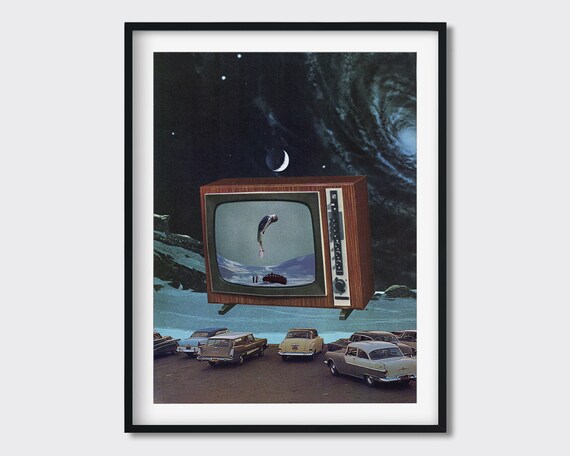 Drive-In Collage Art Print - Surreal Vintage Car Collage, Retro Futurism Poster, Cosmic Aesthetic Artwork, 60s Wall Art, Retro 70s Decor