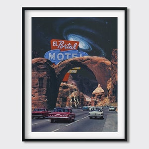 El Portal Motel Collage Art Print, Surreal Vintage Western Sci Fi Americana Route 66 Artwork, 60s Retro Futurism Poster, 70s Decor Wall Art
