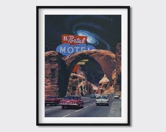 Impresión artística de collage de El Portal Motel, obra de arte surrealista vintage de ciencia ficción del oeste americana de la Ruta 66, póster retrofuturista de los años 60, decoración de pared de los años 70
