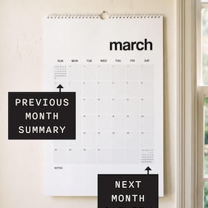 May include: A white wall calendar for the month of March with black text and a grid layout. The calendar features a previous month summary in the top left corner, a next month preview in the bottom right corner, and a notes section at the bottom.