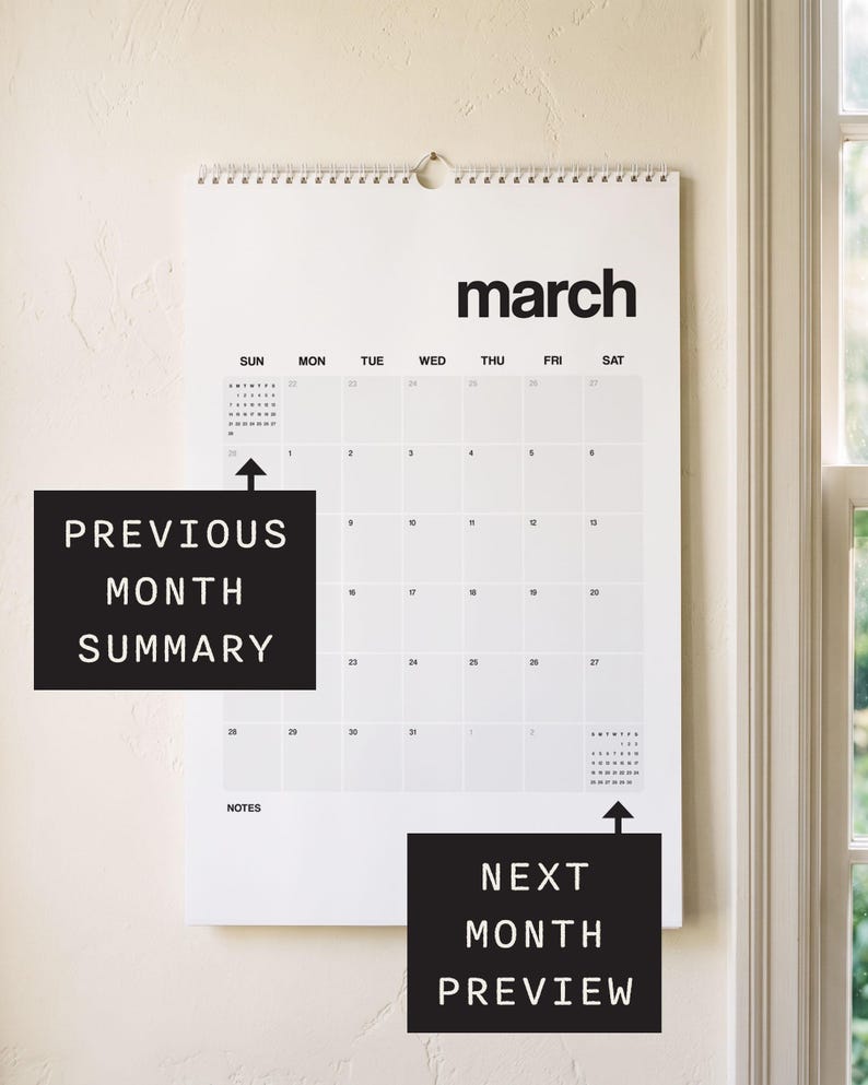May include: A white wall calendar for the month of March with black text and a grid layout. The calendar features a previous month summary in the top left corner, a next month preview in the bottom right corner, and a notes section at the bottom.