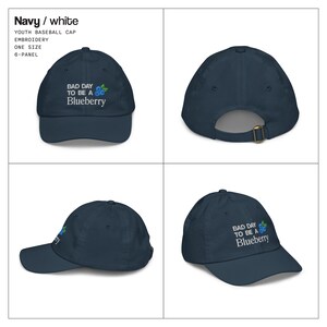 May include: Navy blue baseball cap with the text "BAD DAY TO BE A Blueberry" embroidered on the front. The cap is a six-panel design and is one size.