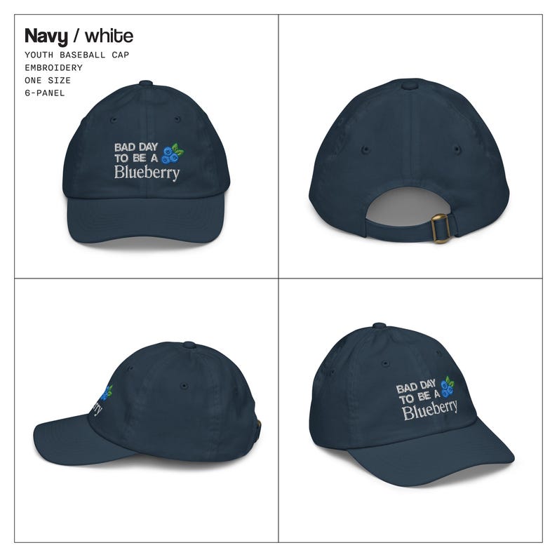 May include: Navy blue baseball cap with the text "BAD DAY TO BE A Blueberry" embroidered on the front. The cap is a six-panel design and is one size.