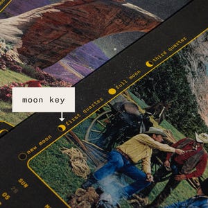 Pu&ograve; includere: Una pagina di calendario con una fotografia in stile vintage di persone in abbigliamento western all'aperto. Il bordo nero include una legenda lunare gialla con etichette per luna nuova, primo quarto, luna piena e ultimo quarto.