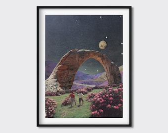 Impresión artística de collage de flores: collage vintage surrealista, póster retrofuturista, obra de arte de naturaleza cósmica, arte mural de los años 60, decoración retro de los años 70