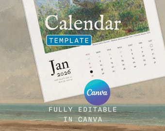 Plantilla de calendario personalizada 2026 con imagen editable, plantilla de Canva, descarga digital, calendario personalizable para diseño creativo.