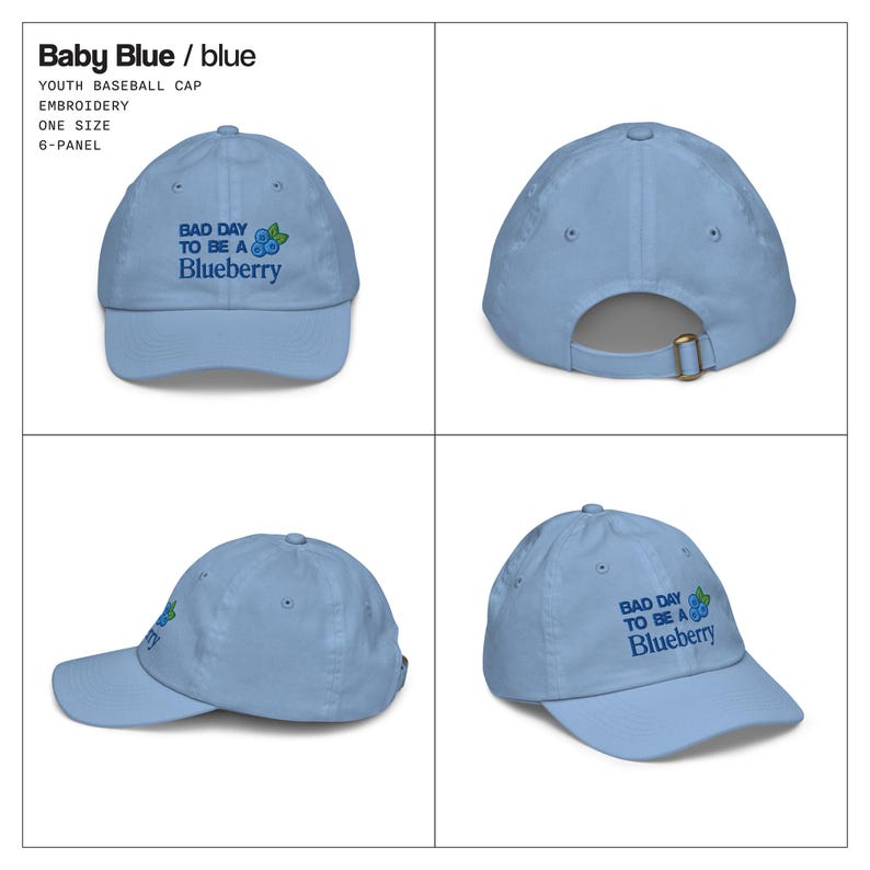 May include: Pale blue baseball cap featuring the embroidered phrase "BAD DAY TO BE A Blueberry" and a blueberry design. The cap is a six-panel design and one size.