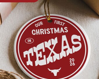 Vår första jul i Texas julgransprydnad Personlig inflyttningspresent Minnessak Familjens julklapp Flyttpresent Nya husägare