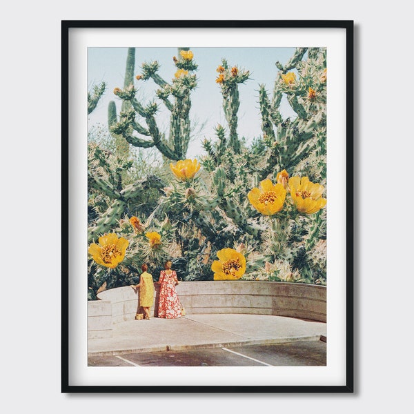 Cactus Flowers Collage Art Print - Surreal Vintage 60s Floral Spring Desert Wall Art, Retro 70s Decor, Kitschy Artwork, Aesthetic Collage