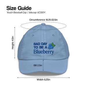 May include: Pale blue youth baseball cap featuring the text "BAD DAY TO BE A Blueberry" and a blueberry graphic. The cap's height is 11.4 cm, width is 15.9 cm, and the bill is 6.4 cm. The circumference is between 46.4 cm and 57.2 cm.