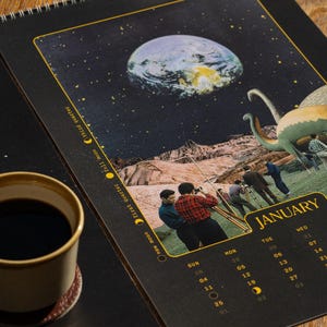 Wall Calendar 2027 Surreal Space Art Celestial Theme Vintage Collage Moon Planets Stars Black Background Gold Border Design Spiral Bound Monthly Planning Home Office Essential Artistic Gift Perfect Retro Style Contemporary Wall Display
