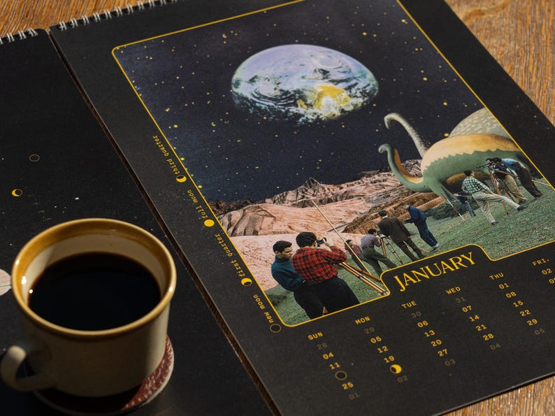 Wall Calendar 2027 Surreal Space Art Celestial Theme Vintage Collage Moon Planets Stars Black Background Gold Border Design Spiral Bound Monthly Planning Home Office Essential Artistic Gift Perfect Retro Style Contemporary Wall Display