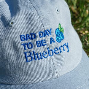 May include: A pale blue baseball cap featuring the embroidered text "BAD DAY TO BE A Blueberry" in blue. A blueberry and leaf design is embroidered on the right side. The cap is made of a soft, durable fabric.