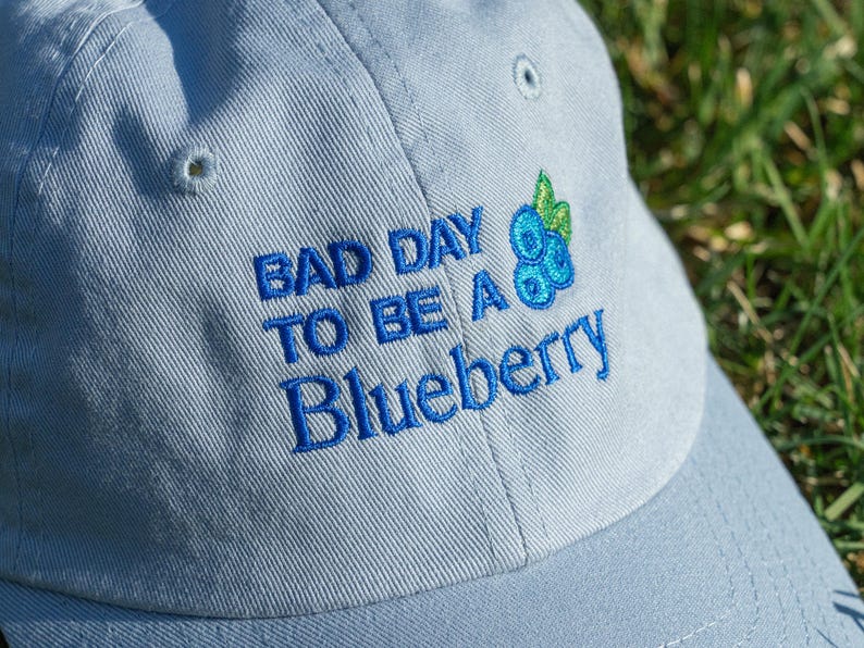 May include: A pale blue baseball cap featuring the embroidered text "BAD DAY TO BE A Blueberry" in blue. A blueberry and leaf design is embroidered on the right side. The cap is made of a soft, durable fabric.