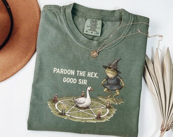 Pardon The Hex, Good Sir Funny Frog Halloween Shirt Frog Witch Graphic Tee Goblincore Style Medieval Unhinged Humor Whimsical Halloween Gift