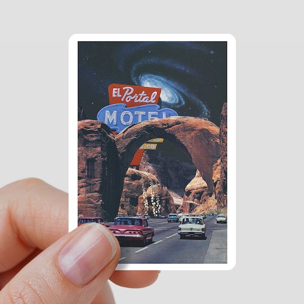 El Portal Motel Collage Art Sticker - Collage Aesthetic Route 66 Road Trip Sticker, Surreal Sci Fi Sticker, Laptop Decal, Helmet Sticker
