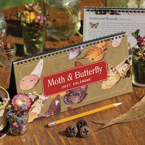 Può includere: Un calendario da scrivania 2027 intitolato Moth & Butterfly con rilegatura a spirale. La copertina presenta uno sfondo color marrone chiaro con varie illustrazioni di falene e farfalle nei toni dell'arancione, marrone e rosa.