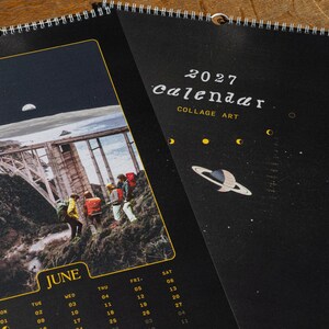 Artistic Wall Calendar 2027 Vintage Collage Moon Planets Space Theme Celestial Imagery Surreal Art Black Background Gold Border Spiral Bound Monthly Planner Home Office Organization Perfect Gift Retro Contemporary Design Premium Quality
