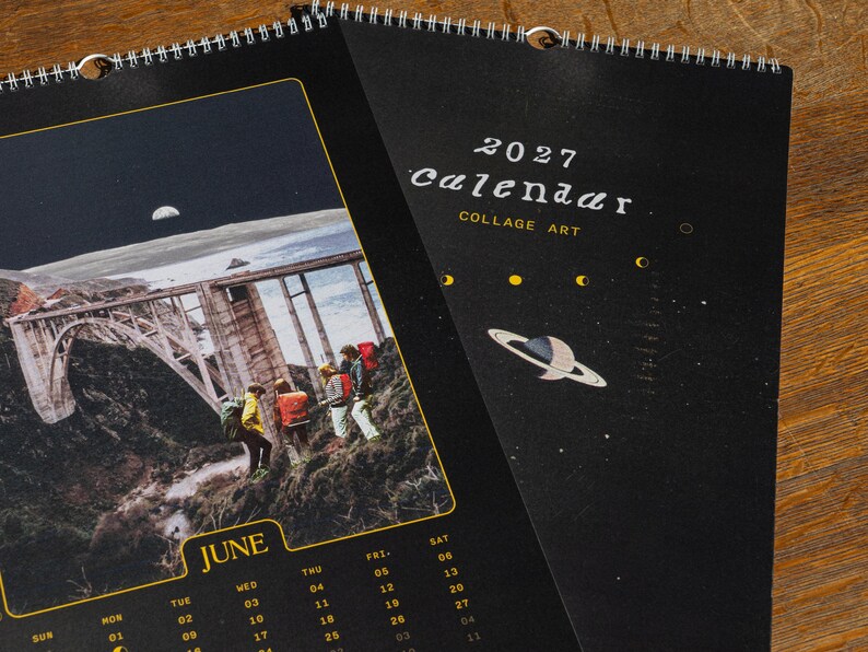 Artistic Wall Calendar 2027 Vintage Collage Moon Planets Space Theme Celestial Imagery Surreal Art Black Background Gold Border Spiral Bound Monthly Planner Home Office Organization Perfect Gift Retro Contemporary Design Premium Quality