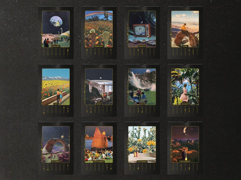 Pu&ograve; includere: Un calendario da parete con dodici pagine rettangolari disposte a griglia, ognuna con un'illustrazione collage surrealista unica per ogni mese da gennaio a dicembre. Le pagine con bordo nero includono etichette dorate per ogni mese.