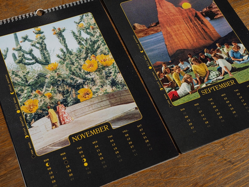 Surreal Art Calendar 2027 Space Theme Celestial Imagery Vintage Collage Moon Planets Black Background Gold Border Spiral Bound Monthly Planner Wall Display Home Office Organization Artistic Gift Essential Retro Contemporary Design Premium