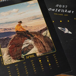 Space Theme Calendar 2027 Celestial Imagery Moon Planets Surreal Art Vintage Collage Black Background Gold Border Spiral Bound Monthly Planner Perfect Wall Display Home Office Gift Artistic Design Retro Style Premium Quality Thick Cardstock