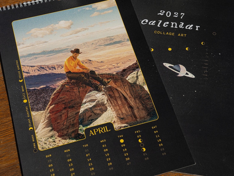 Space Theme Calendar 2027 Celestial Imagery Moon Planets Surreal Art Vintage Collage Black Background Gold Border Spiral Bound Monthly Planner Perfect Wall Display Home Office Gift Artistic Design Retro Style Premium Quality Thick Cardstock