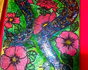 Snake Garden Painting: Acrylic Glitter, Posca Markers, Floral Art