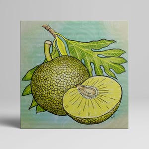 May include: A green breadfruit with a textured surface and a cross-section of the fruit showing the inside. The fruit is surrounded by a green leaf with a light blue background.