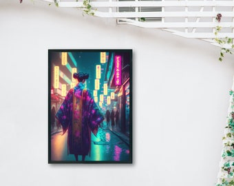 Japanese girl in Futuristic Neon Streets #3 | Wall Art | A4 Framed Print | Gift Idea for Asian Culture and Synthwave lovers