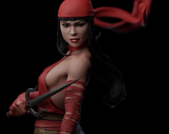 May include: A detailed figure of a woman in a red costume, holding a sai. She wears a red headscarf, and her long black hair flows behind her. The costume includes arm wraps and a low-cut top. The background is black.