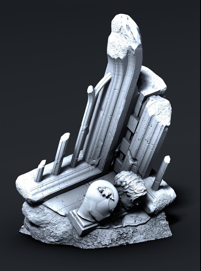 Puede incluir: Una escultura de yeso blanco de dos cabezas descansando sobre una estructura de piedra rota. La escultura es una interpretaci&oacute;n moderna del arte cl&aacute;sico.