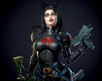 May include: A detailed figurine of a woman in a black tactical suit, holding two firearms. The figure has long black hair, glasses, and a red Cobra emblem on the chest. The background is dark.