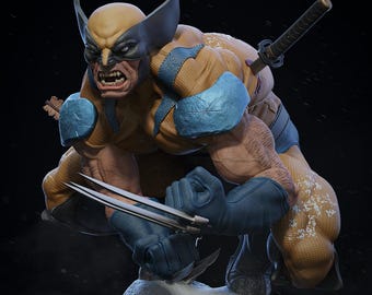 May include: A detailed figurine of Wolverine in a dynamic pose, featuring his iconic yellow and blue costume. The figure has a fierce expression, claws extended, and a katana blade. The statue is on a snowy base.