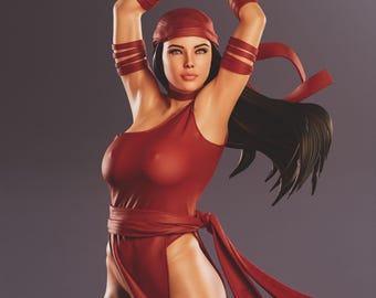 May include: A woman in a red costume with a red headband and black hair holds a pair of black sais. She is wearing red wristbands and a red sash around her waist. The background is a solid gray color.