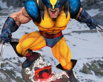 May include: A Wolverine statue in a dynamic pose, featuring a yellow and blue costume with claws extended. The figure is on a snowy base with a red and black structure, set against a blurred mountain backdrop. The Nice X Collectibles logo is visible.
