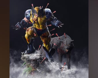 May include: A detailed figurine of Wolverine, in his classic yellow and blue costume, stands on a rocky base, pierced by arrows. A black wolf, also with arrows, stands beside him. The scene is set against a dark background with a smoky effect.
