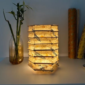 Handmade Lokta paper lamp shade with bamboo frame – eco-friendly Japanese-style lighting. Concertina accordion variation paper lantern – Asian-inspired handcrafted light. Handmade Nepalese Lokta Paper Lamp Shade with Bamboo Frame - Sustainable, Durable, Lightweight. Minimalist Asian-Inspired Design. Embossed Petals, Leaves. Perfect for Home Décor. Unique Shapes: Cylindrical, Abstract, Accordion Hexagon, Globe.