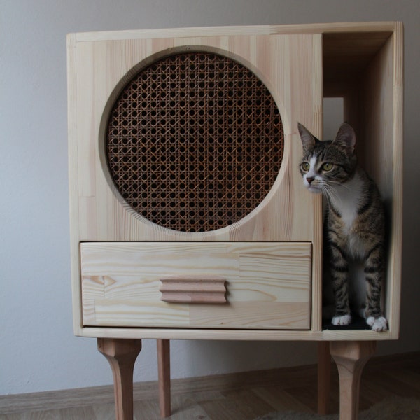 Kattenbak / modern huismeubilair / handgemaakte kattenbak / houten kattenhuis / vintage houten