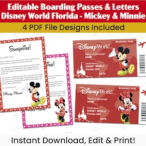 Florida Theme Park Trip Reveal • Editable Boarding Passes & Letters from Mickey + Minnie • Digital Download • Print at Home Tickets PDF
