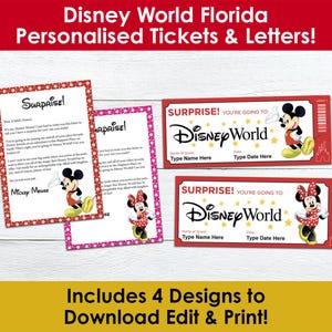 WDW Florida Theme Park Surprise Vacation Trip Reveal | Editable Tickets + Letters from Mickey & Minnie | Instant Download PDFs Print at Home