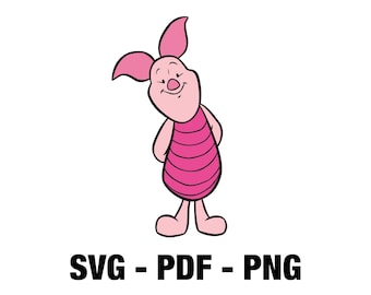 May include: A cartoon illustration of Piglet from Winnie the Pooh, in pink and red. The character is smiling and wearing a pink striped outfit. Below the image are the words "SVG - PDF - PNG" in black.