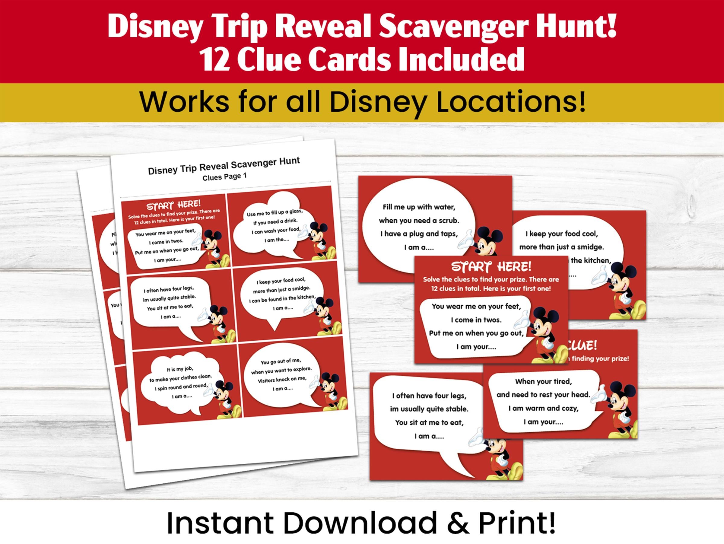 Disney Clues Disney Trip Reveal Scavenger Hunt | Printable Surprise Vacation Clue ...