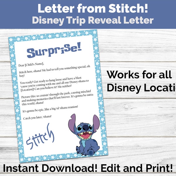 Editable Letter from Stitch, Special Surprise Reveal. Digital Download PDFs, Print at Home!, Trip Reveal